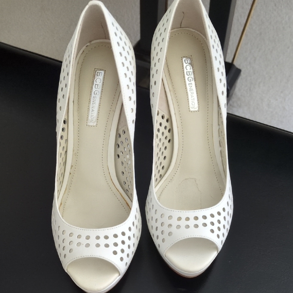 BCBG White Perforated Peep Toe Heels